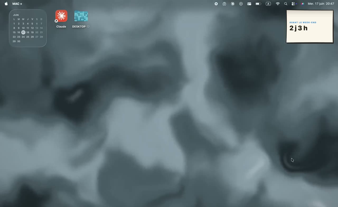 A macOS desktop running Mac+: the animated Mist scene as wallpaper, calendar and countdown widgets, and a folder with a custom icon